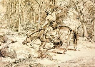 Tropeiro paulista atravessando um rio, 1827: desenho de Charles Landseer (Iconografia Paulistana do Sc. XIX, 1998, Metalivros/BMeF, SP/SP)